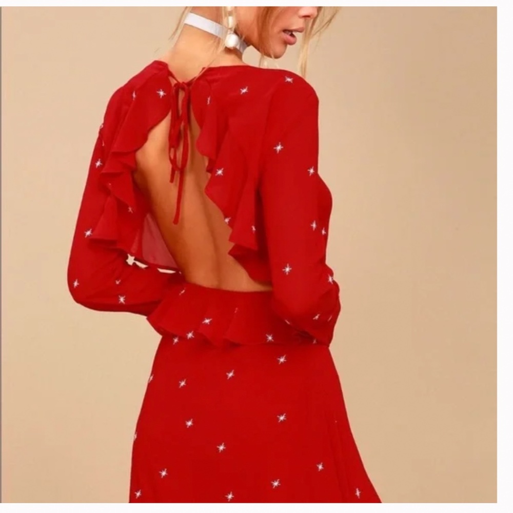 Lulu’s Counting Constellations Red Stars Embroidered Ruffle Dress Small